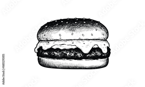 Detailed black and white cheeseburger sketch with melting cheese. Vector retro hand drawn illustration