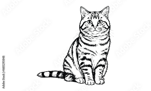 Detailed black and white sketch of sitting tabby cat. Vector retro hand drawn illustration