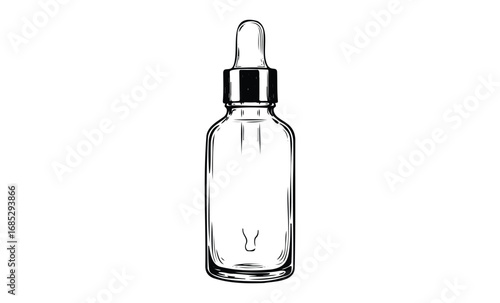 Transparent glass dropper bottle with screw cap for liquid storage. Vector retro hand drawn illustration