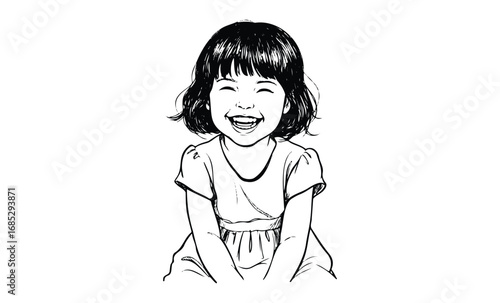 Smiling asian female child in dress with curly hair sketch. Vector retro hand drawn illustration