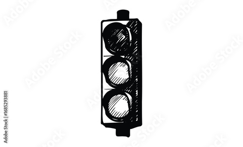 Black and white sketch of a traffic light with three lights. Vector retro hand drawn illustration