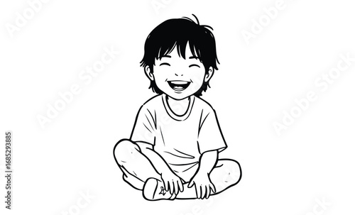 Smiling asian child sitting cross-legged in joyful pose. Vector retro hand drawn illustration