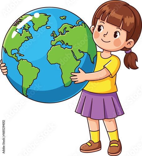 Cartoon girl holding Earth globe, symbolizing global awareness, geography education, environmental care, perfect for school, kids, and learning themes