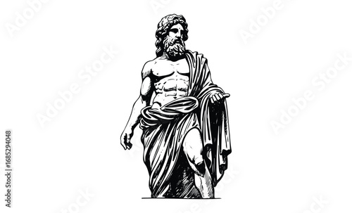 Classical greek statue sketch of mythical god in robes with beard. Vector retro hand drawn illustration