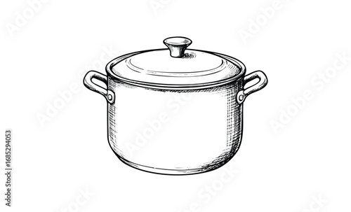 Black and white sketch of a cooking pot with handles and lid. Vector retro hand drawn illustration