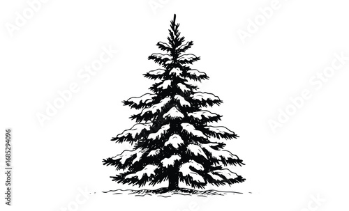 Snow-covered evergreen tree with black outline. Vector retro hand drawn illustration
