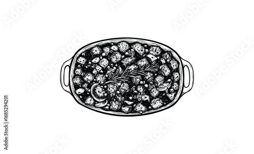 Top view of roasted vegetables in oval dish with herbs black and white sketch. Vector retro hand drawn illustration