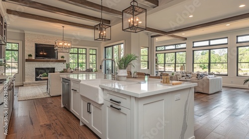 Fototapeta Naklejka Na Ścianę i Meble -  White kitchen with waterfall island, quartz countertops, farmhouse sink, and hardwood floors