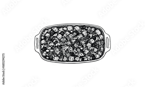 Hand-drawn black and white casserole dish with vegetables and meat. Vector retro hand drawn illustration