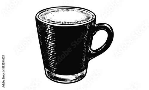 Detailed hand-drawn black coffee mug with handle. Vector retro hand drawn illustration