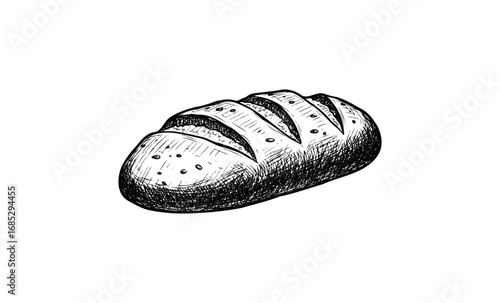 Hand-drawn loaf of bread: rustic baked goods art with crusty texture and engraved details. Vector retro hand drawn illustration