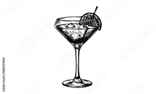 Elegant cocktail glass with ice and lemon garnish in vintage style illustration. Vector retro hand drawn illustration