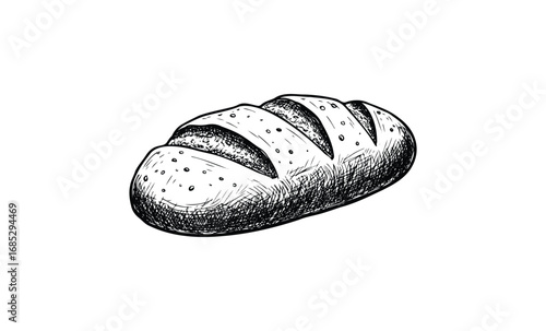 Hand-drawn sketch of freshly baked loaf of bread with crusty texture and sliced top. Vector retro hand drawn illustration