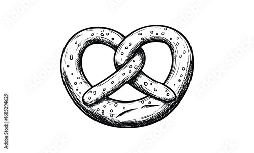 Hand-drawn pretzel sketch with detailed black and white lines. Vector retro hand drawn illustration