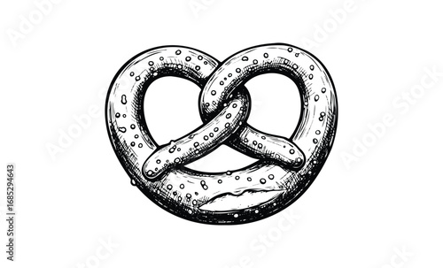Black and white hand-drawn pretzel illustration with salt detail. Vector retro hand drawn illustration