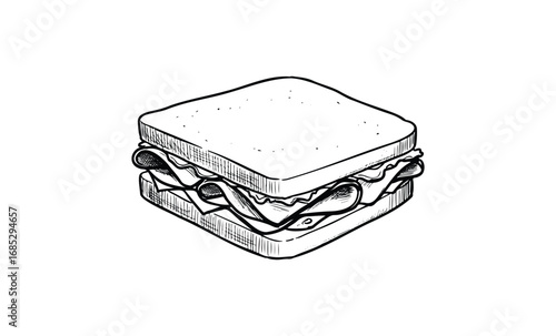 Hand-drawn sandwich illustration with lettuce and meat layers in black and white. Vector retro hand drawn illustration
