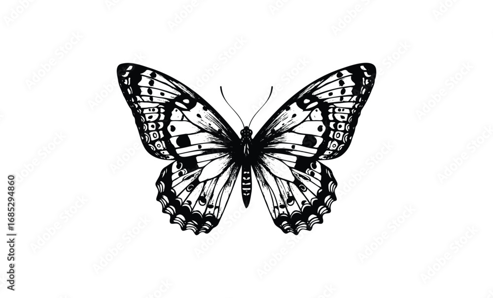 Obraz premium Black and white monarch butterfly with intricate wing patterns. Vector retro hand drawn illustration