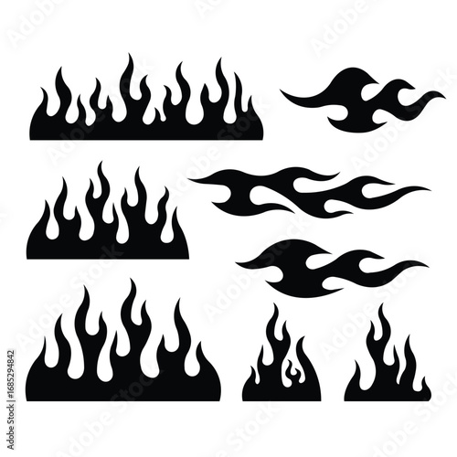 Collection of black flame designs in bold graphic style. Features simple to elaborate flame patterns in grid layout on white background. Flat, stylized, two-dimensional composition.