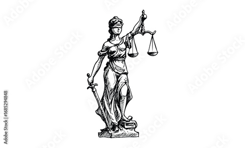 Blindfolded lady justice statue holding scales and sword in classic pose. Vector retro hand drawn illustration