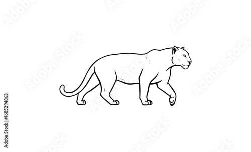 Outline drawing of a walking panther in profile view. Vector retro hand drawn illustration