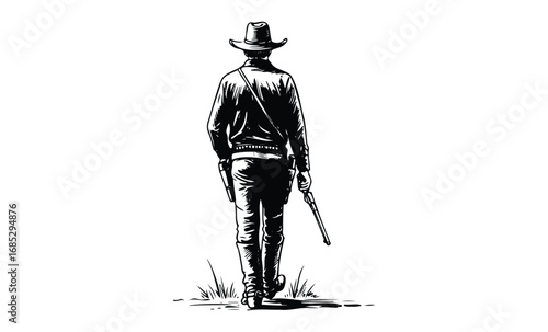 Silhouette of a cowboy walking away with a rifle in hand. Vector retro hand drawn illustration