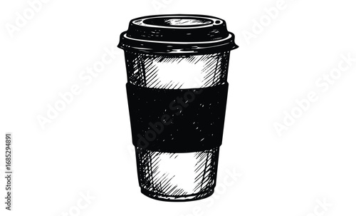 Hand-drawn sketch of a coffee cup with lid and sleeve. Vector retro hand drawn illustration
