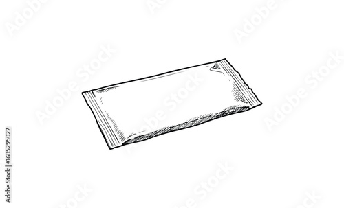 Hand-drawn black and white sketch of a sealed plastic pouch. Vector retro hand drawn illustration