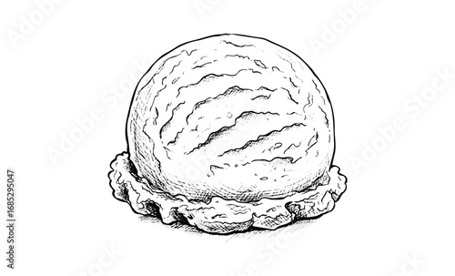 Detailed sketch of a single ice cream scoop on waffle cone base. Vector retro hand drawn illustration