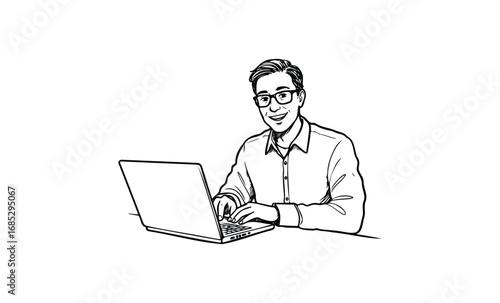 Illustration of young caucasian male working on laptop with glasses and a smile. Vector retro hand drawn illustration