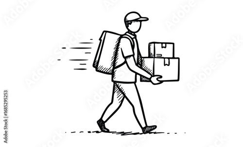 Courier delivering packages sketch of delivery person with boxes. Vector retro hand drawn illustration