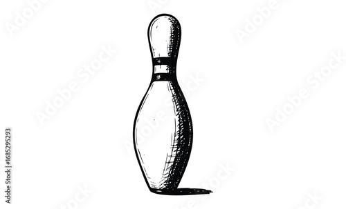 Sketch of a single bowling pin in black and white. Vector retro hand drawn illustration