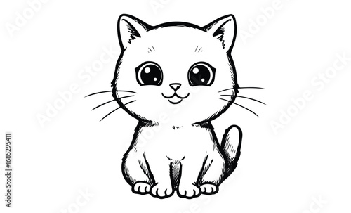 Adorable black and white cartoon cat with big eyes and whiskers. Vector retro hand drawn illustration