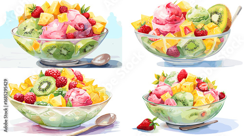 Realistic illustration of fruit salad bowls with kiwi, mango, berries, and ice cream scoops. Perfect for dessert, healthy food, and summer lifestyle designs.
