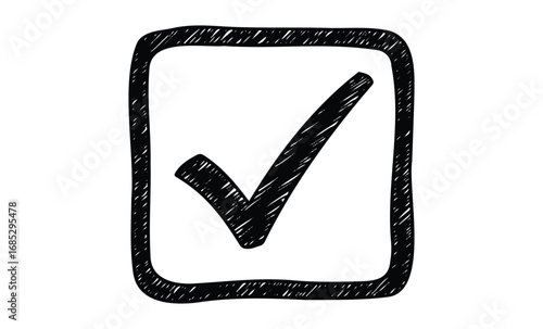Hand-drawn check mark in square box illustration for confirmation concepts. Vector retro hand drawn illustration