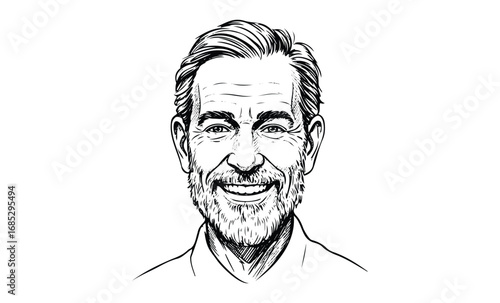 Smiling mature caucasian male with beard in black and white line art style. Vector retro hand drawn illustration