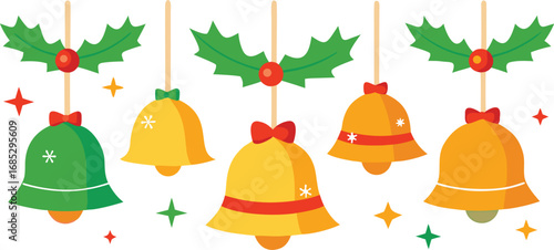 Christmas hanging bells vector design on transparent background. Christmas decoration elements