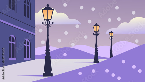 Snowy street with lanterns. Winter scene with lamp posts and falling snow at dusk  