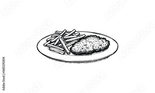 Hand-drawn plate with chicken cutlet and french fries. Vector retro hand drawn illustration