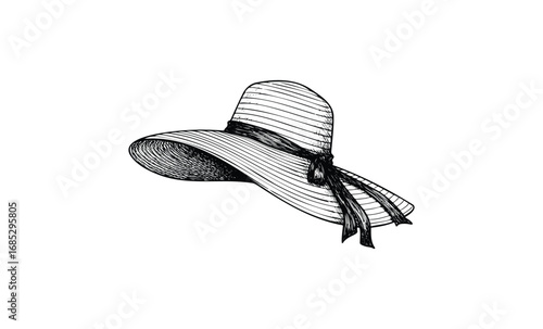 Elegant wide-brimmed sun hat with ribbon in black and white sketch. Vector retro hand drawn illustration