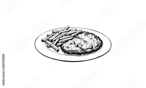 Hand-drawn plate with breaded cutlet and french fries in black and white. Vector retro hand drawn illustration