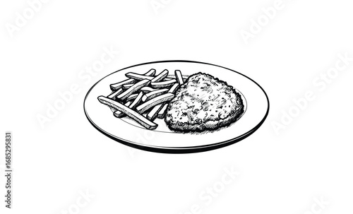 Monochrome drawing: crispy chicken cutlet and french fries on plate. Vector retro hand drawn illustration
