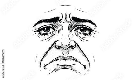 Detailed ink drawing of sorrowful face with deep expression lines. Vector retro hand drawn illustration