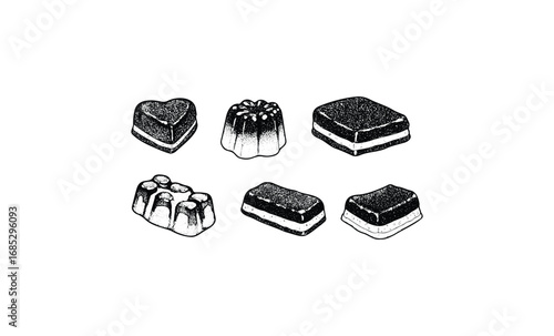 Assorted black and white chocolate desserts with varied shapes and designs. Vector retro hand drawn illustration