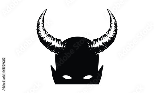 Silhouette of horned mask with dark eye cutouts. Vector retro hand drawn illustration