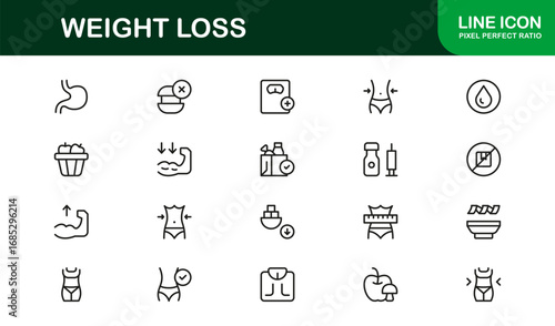 Weight Loss Fitness Health Professional Line Icon Set – Modern Minimal Outline Vector Icons for Wellness and Diet