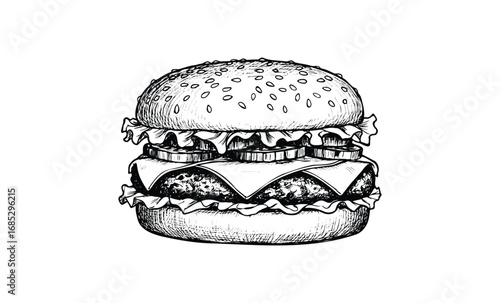 Detailed ink drawing of classic cheeseburger with lettuce and pickles. Vector retro hand drawn illustration