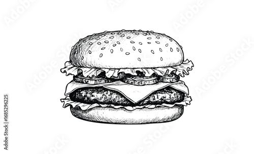 Detailed black and white burger sketch with lettuce, cheese, and pickles. Vector retro hand drawn illustration