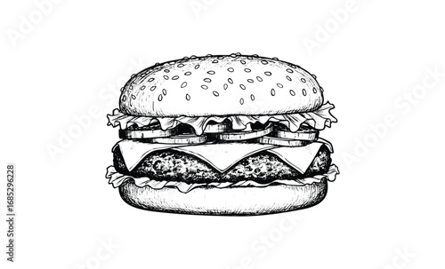 Detailed black and white hamburger sketch with lettuce, tomato, and cheese. Vector retro hand drawn illustration