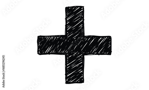 Hand-drawn sketch of bold black cross symbol. Vector retro hand drawn illustration