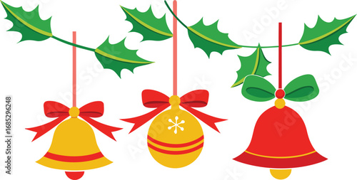 Christmas hanging bells vector design on transparent background. Christmas decoration elements